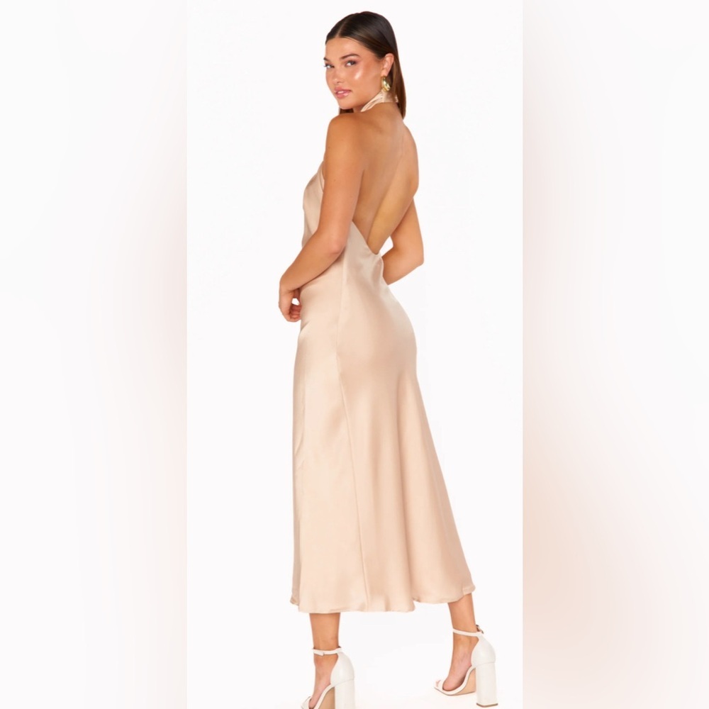 *NWT* Show Me Your MuMu Jasmine Halter Midi Dress - Champagne Luxe Satin - Picture 3 of 11